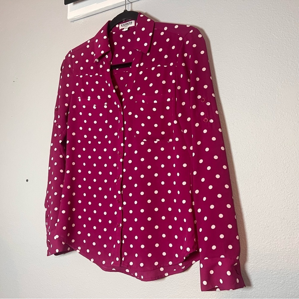Express Portofino Button Up Shirt Blouse Slim Fit Pink White Polka Dot Size XS